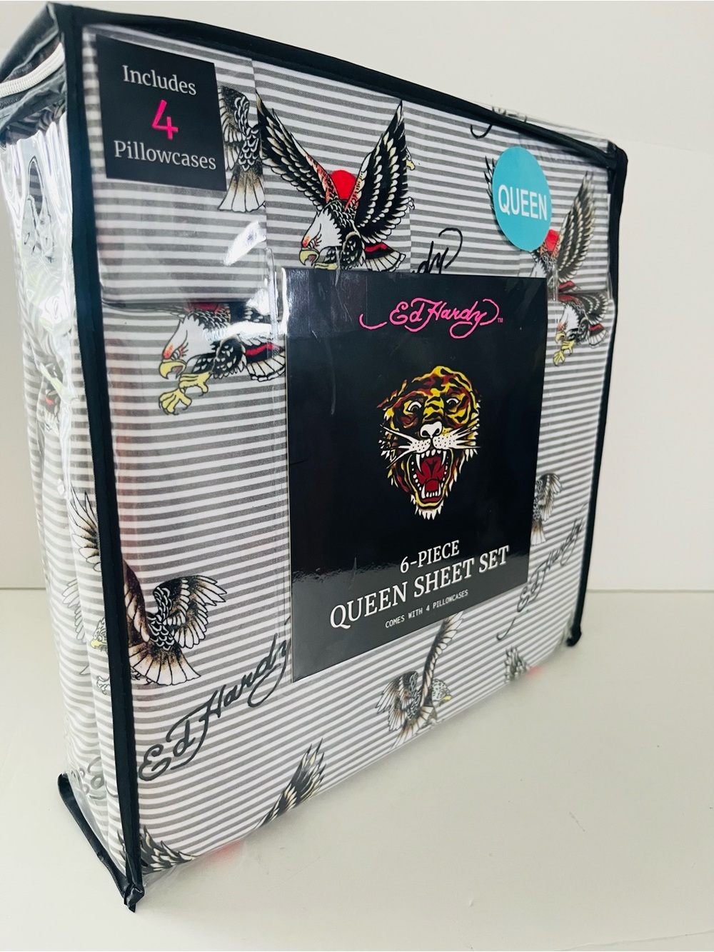 Ed Hardy Gray & White Striped Queen Size Sheet Set Eagles Signature Yellow Red